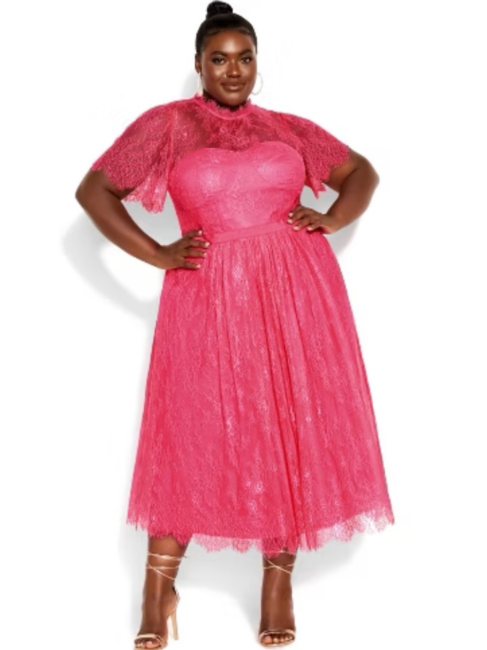 City Chic Hot Pink Lace Midi Dress